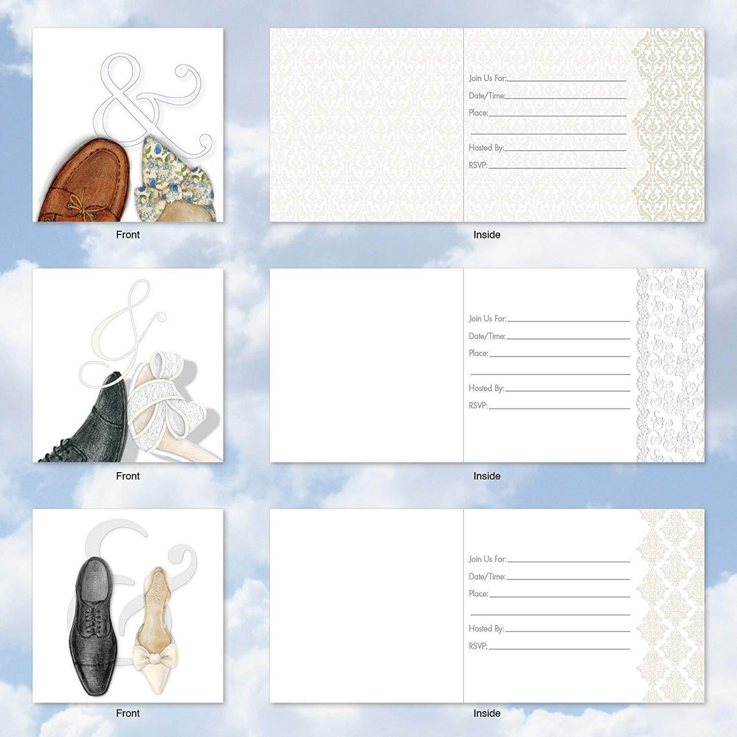 AMQ5068WIG-B1x10 Sole Mates Wedding Invitation: Set of 10 'Square-Top' Greeting Cards Featuring Men and Women's Wedding Shoes Paired for Life, with Envelopes (1 each of 10 Designs, Size: 4" x 5")
