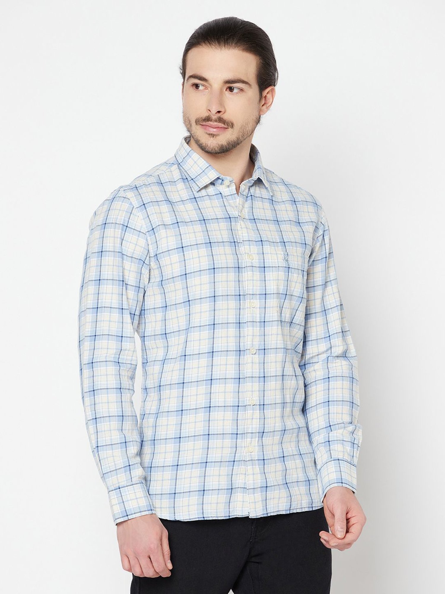 Spykar Blue Cotton Slim Fit Checks Shirt
