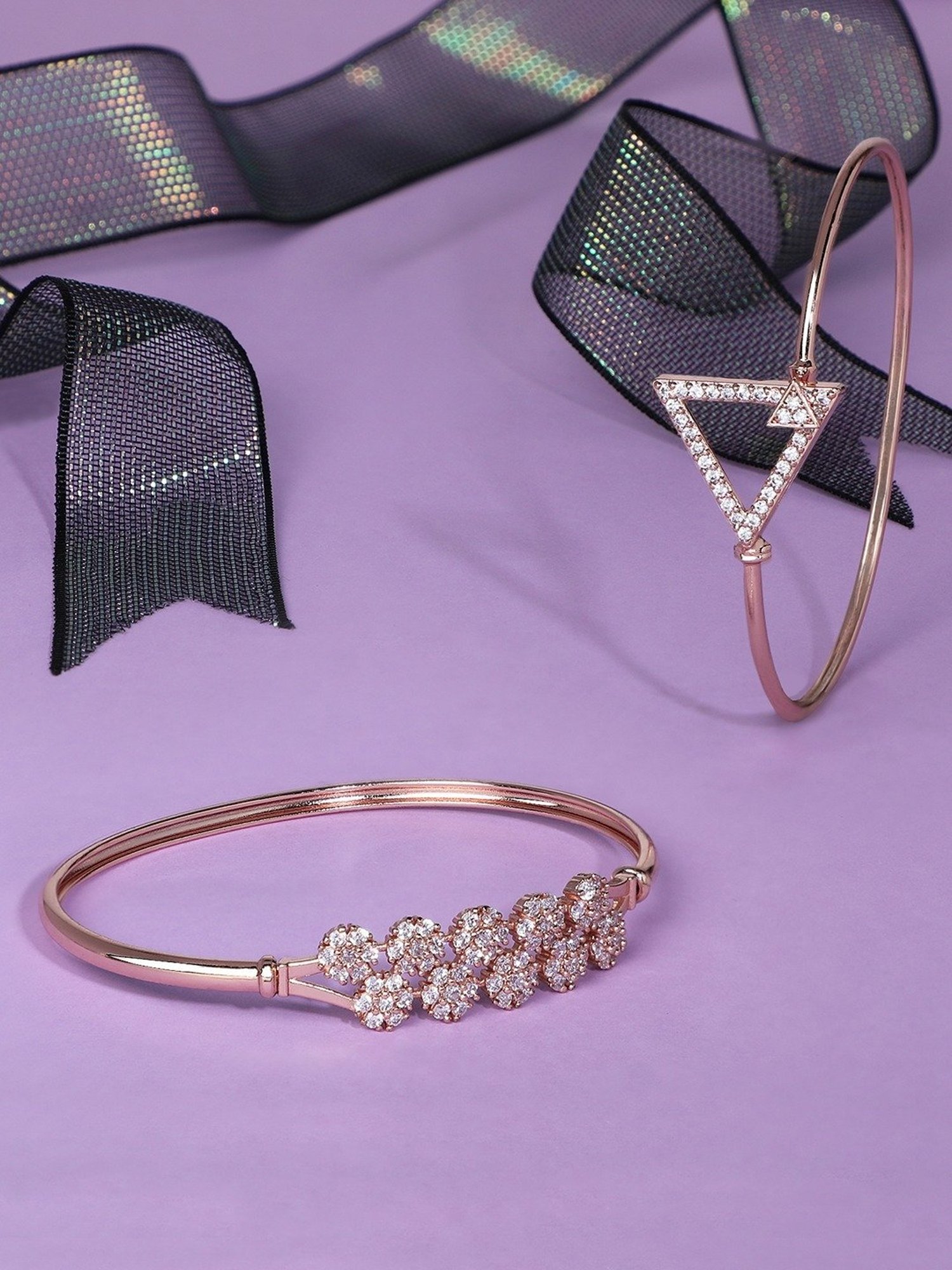 Zaveri Pearls Set of 2 Rose Gold Contemporary Cubic Zirconia Brass Kada Style Bracelet-ZPFK11104