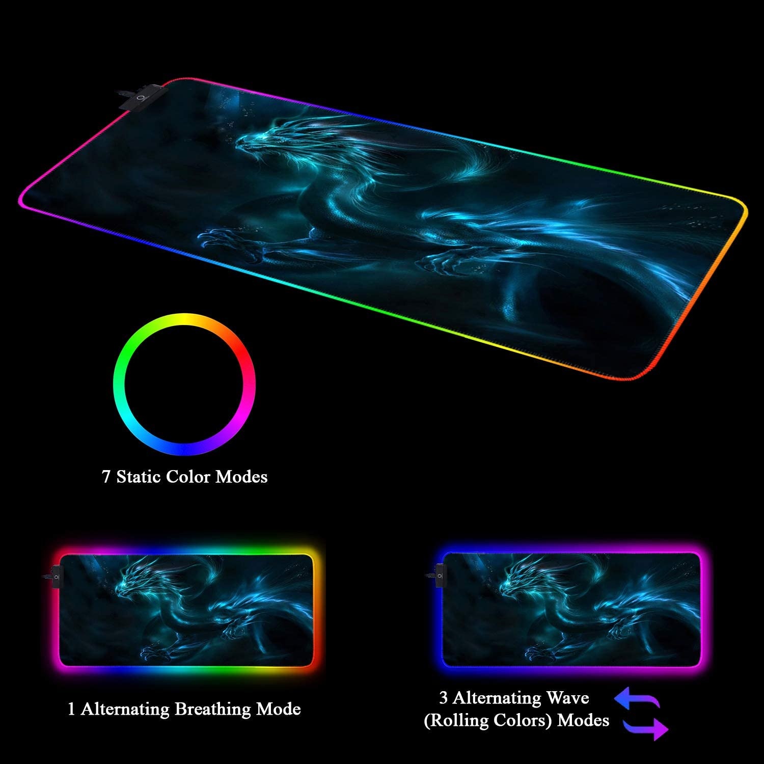 Meffort Inc RGB Gaming Mouse Pad - Extra Large XXL LED Gaming Mouse Mat with Custom Design Stitched Edges 35.4 x 15.7 Inches - Blue Dragon