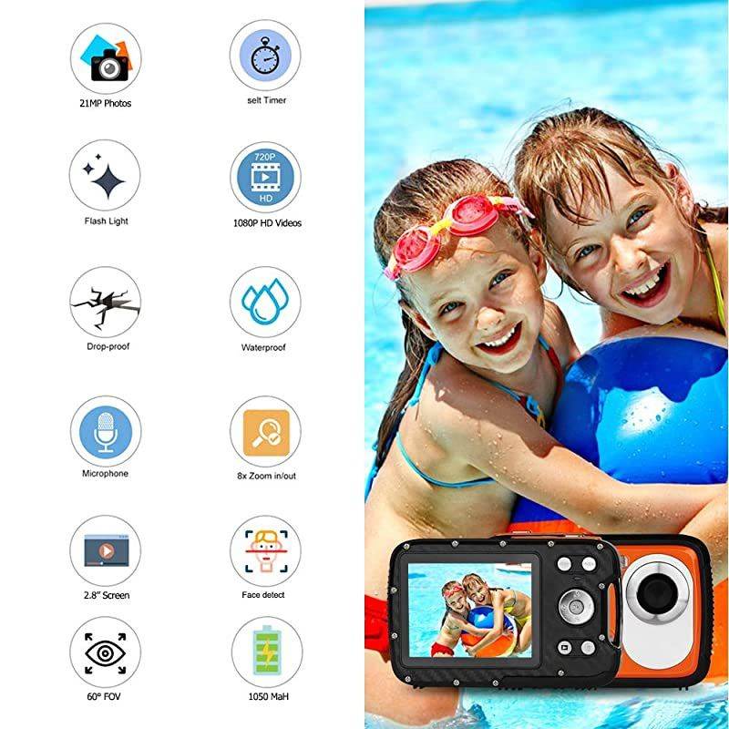 Digital Camera for Kids 21MP FHD 1080P 5 Meter Waterproof Underwater Camera 28 Inch LCD 8X Digital Zoom with 1050MaH Rechargable LiIon Battery Orange
