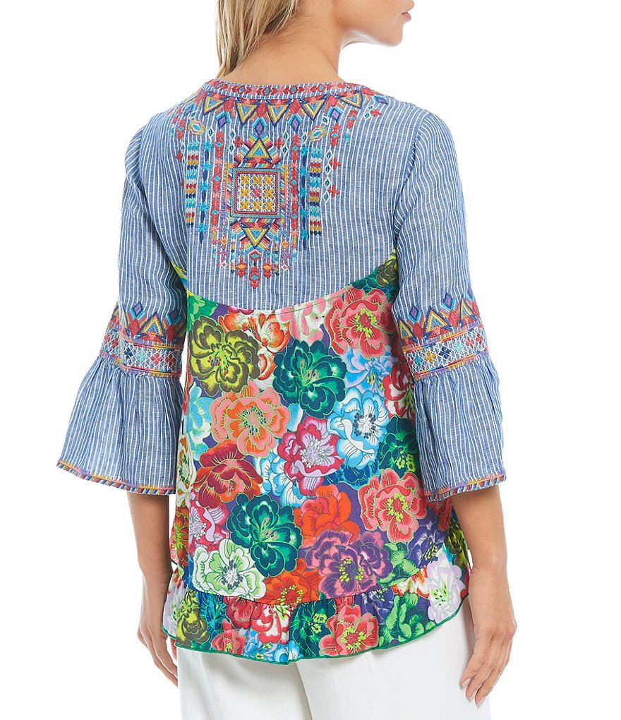 John Mark Embroidered Mixed Media Ruffle Back Tunic