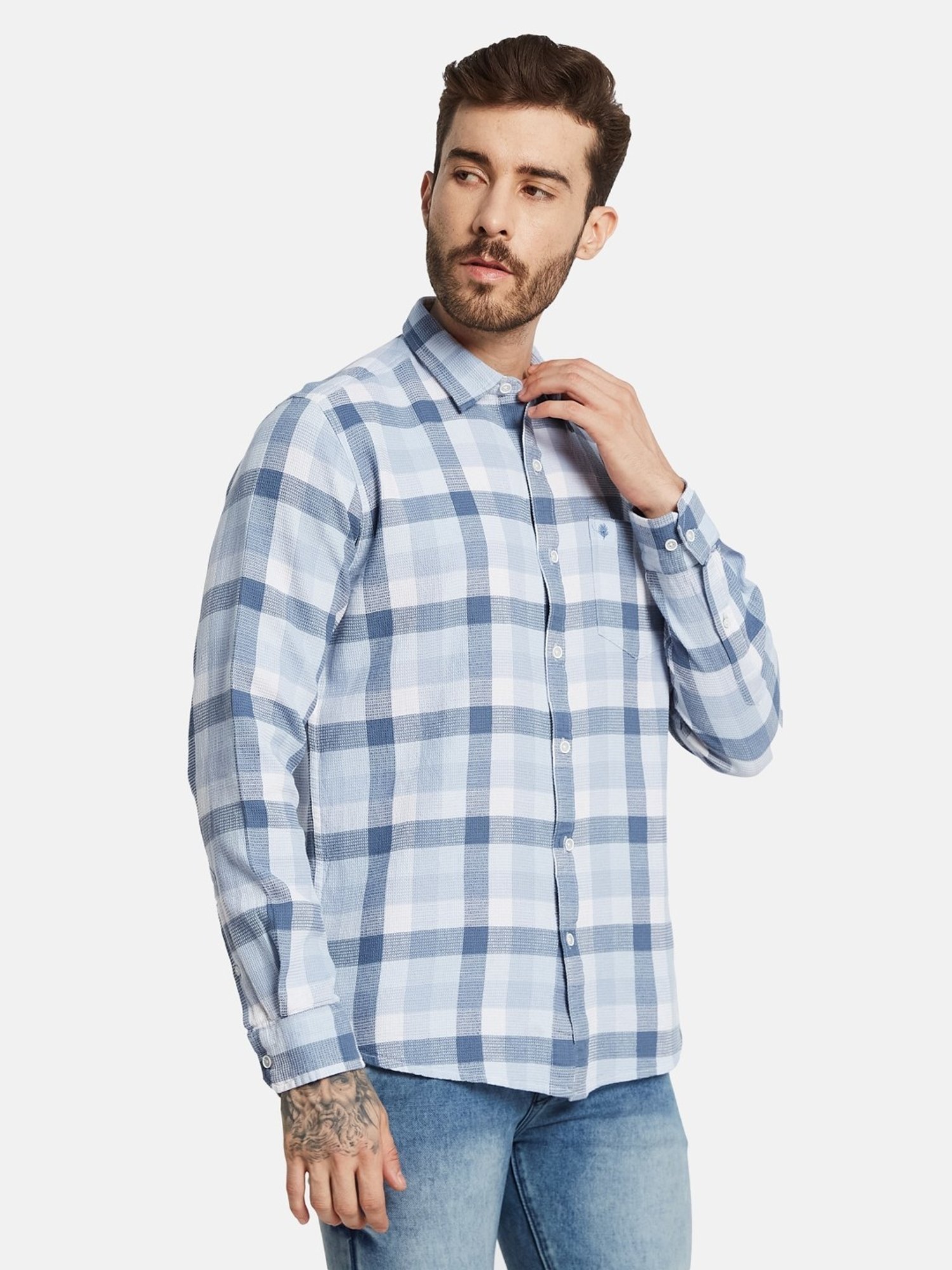Mettle Blue Cotton Regular Fit Checks Shirt