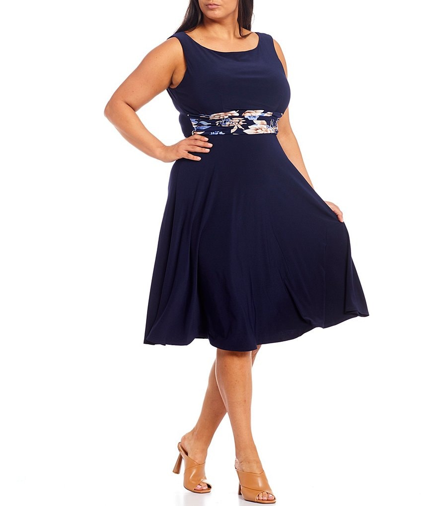 Jessica Howard Plus Size Crew Neck 3/4 Sleeve Printed Trapeze Dress