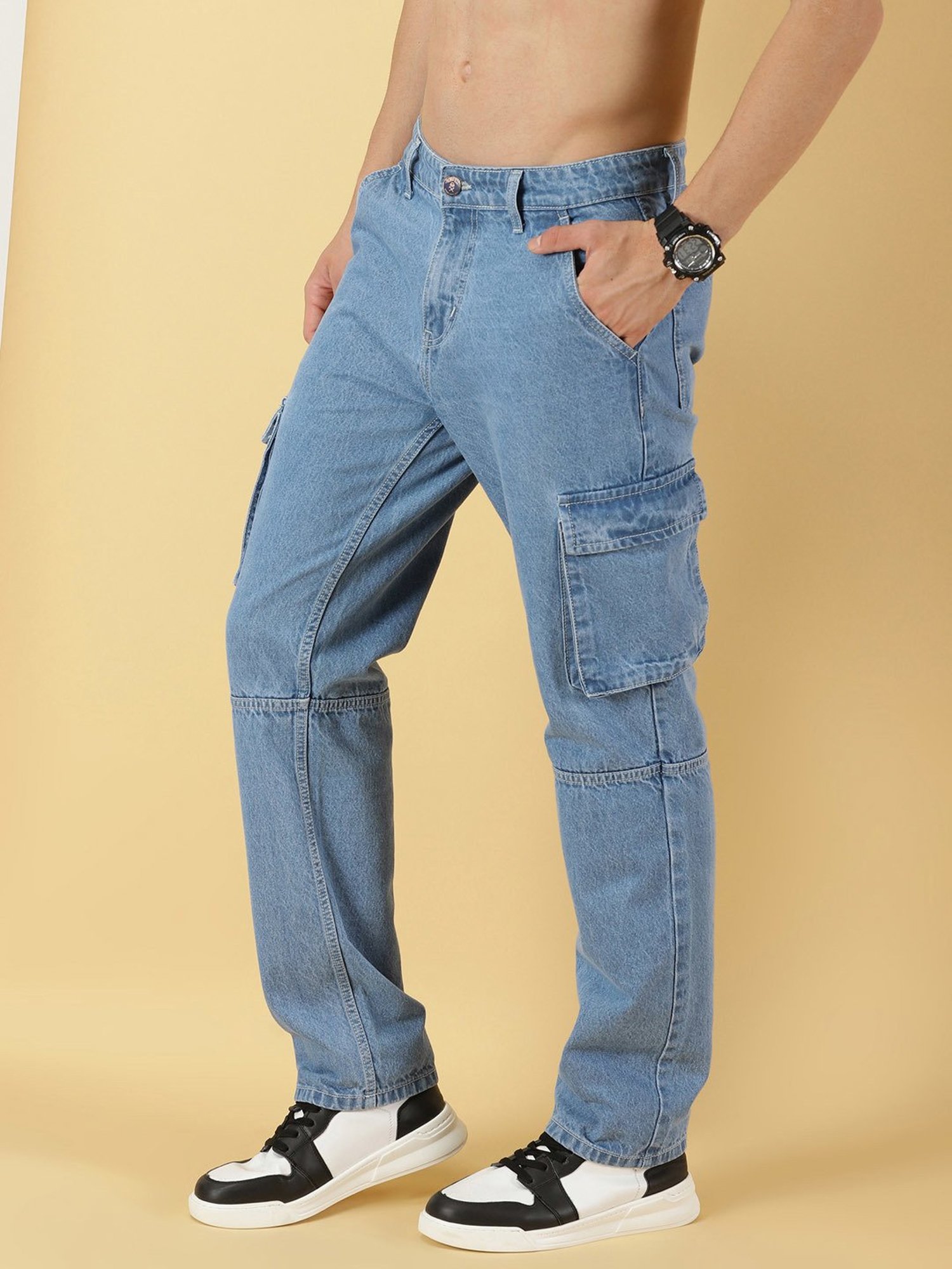 Thomas Scott Light Blue Relaxed Fit Lightly Washed Cargo Jeans
