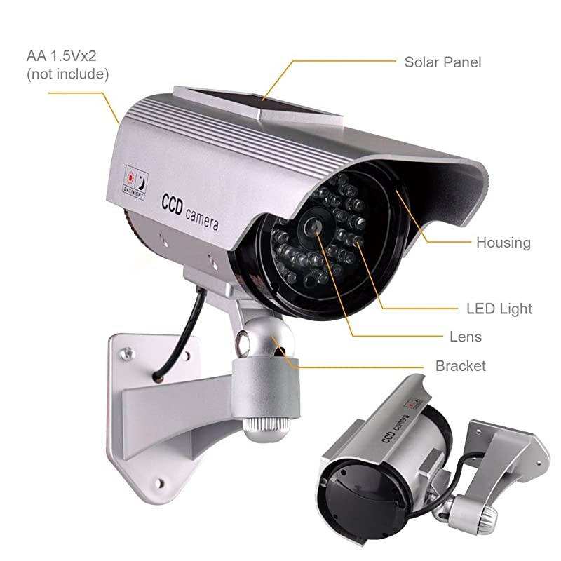 Solar Powered Bullet Dummy Fake Camera Surveillance Security CCTV Dome Camera with Flashing Red LED Light & Warning Security Alert Sticker Decals Outdoor/Indoor Use (1 Pack)