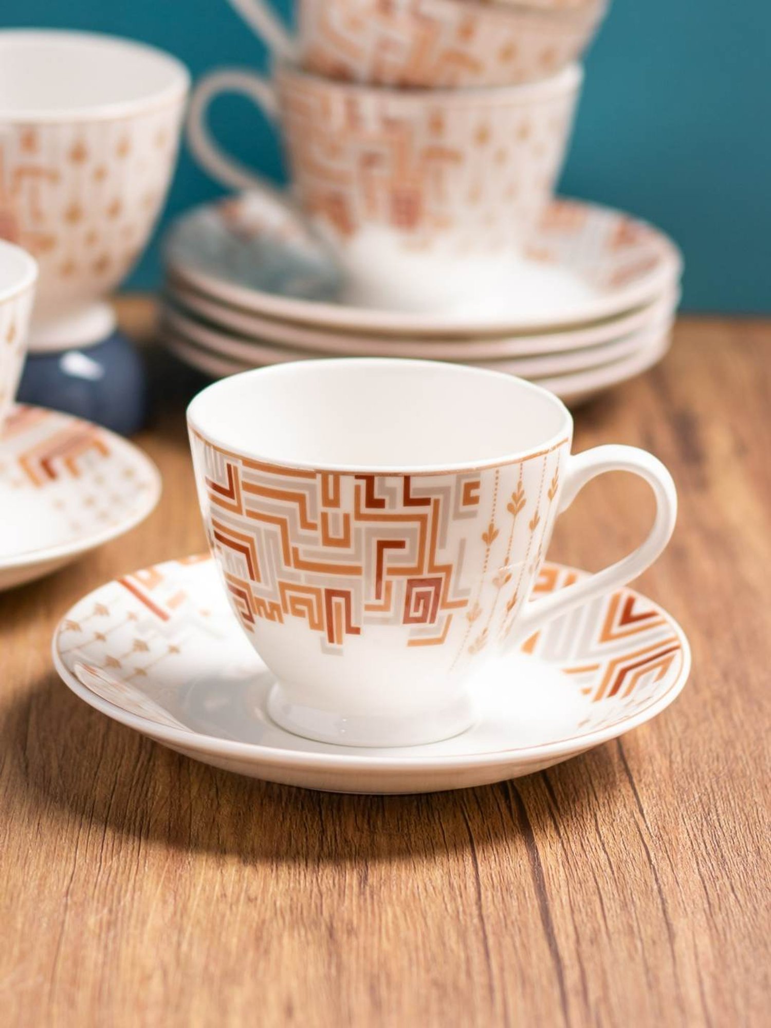 Clay Craft Printed Colour Multicolor Line Fine Ceramic Cup Saucer Set of 12, 180 ml