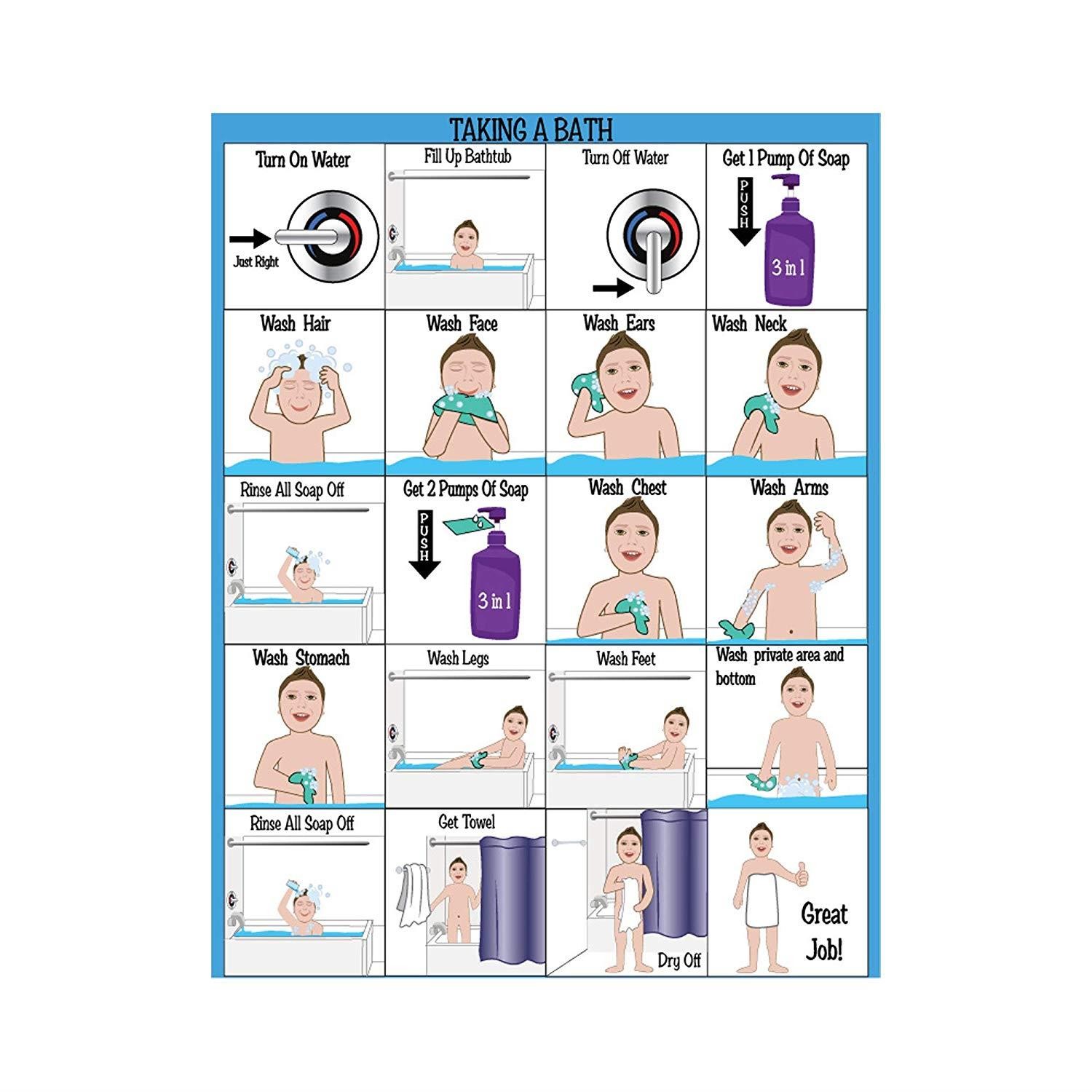 All New! ABA/OT Approved Step-by-Step 9X12" Set of 5 Visual Schedules. Potty Training, Bathing, Shower, Teeth Brushing, Hand Washing.for Autism/Special Needs. Independent Living & Personal Hygiene