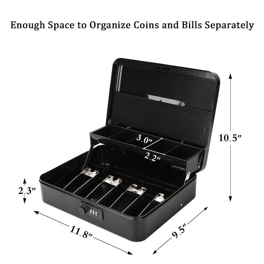 Jssmst Locking Large Metal Cash Box with Money Tray, Money Box with Combination Lock, Black