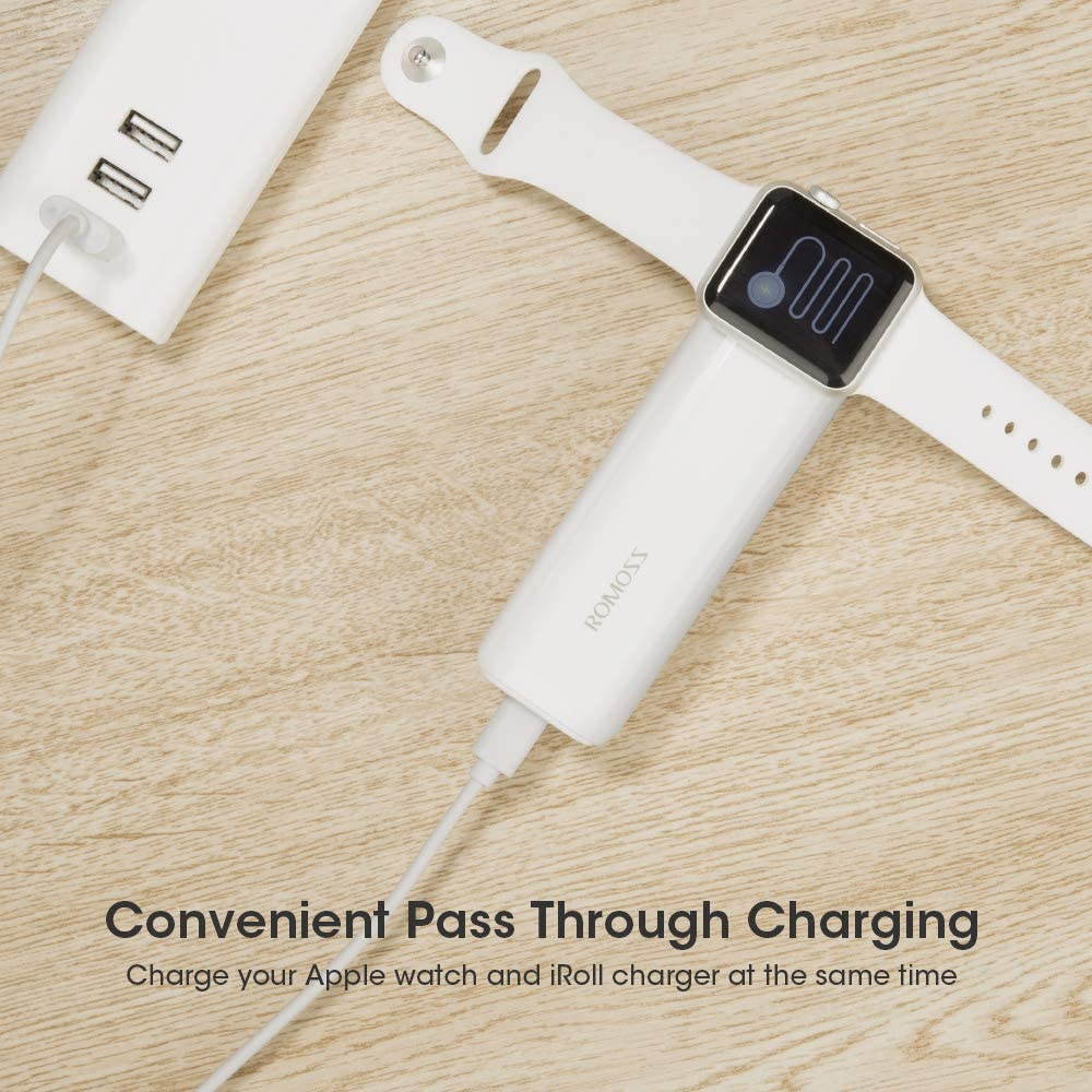 ROMOSS Apple Watch Charger, 3250mAh Portable Charger for All Apple Watch Series, Dual Port 2A Output for iPhone X/8 Plus/8/7Plus/7/6 Plus/6S and more USB devices-White (Apple Watch Cable Not Included)