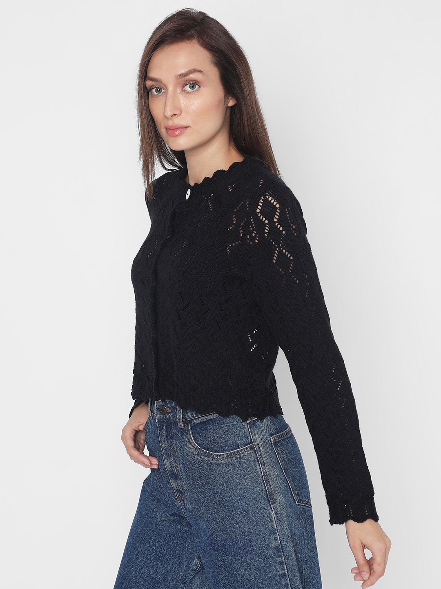 Vero Moda Black Cotton Self Design Cardigan