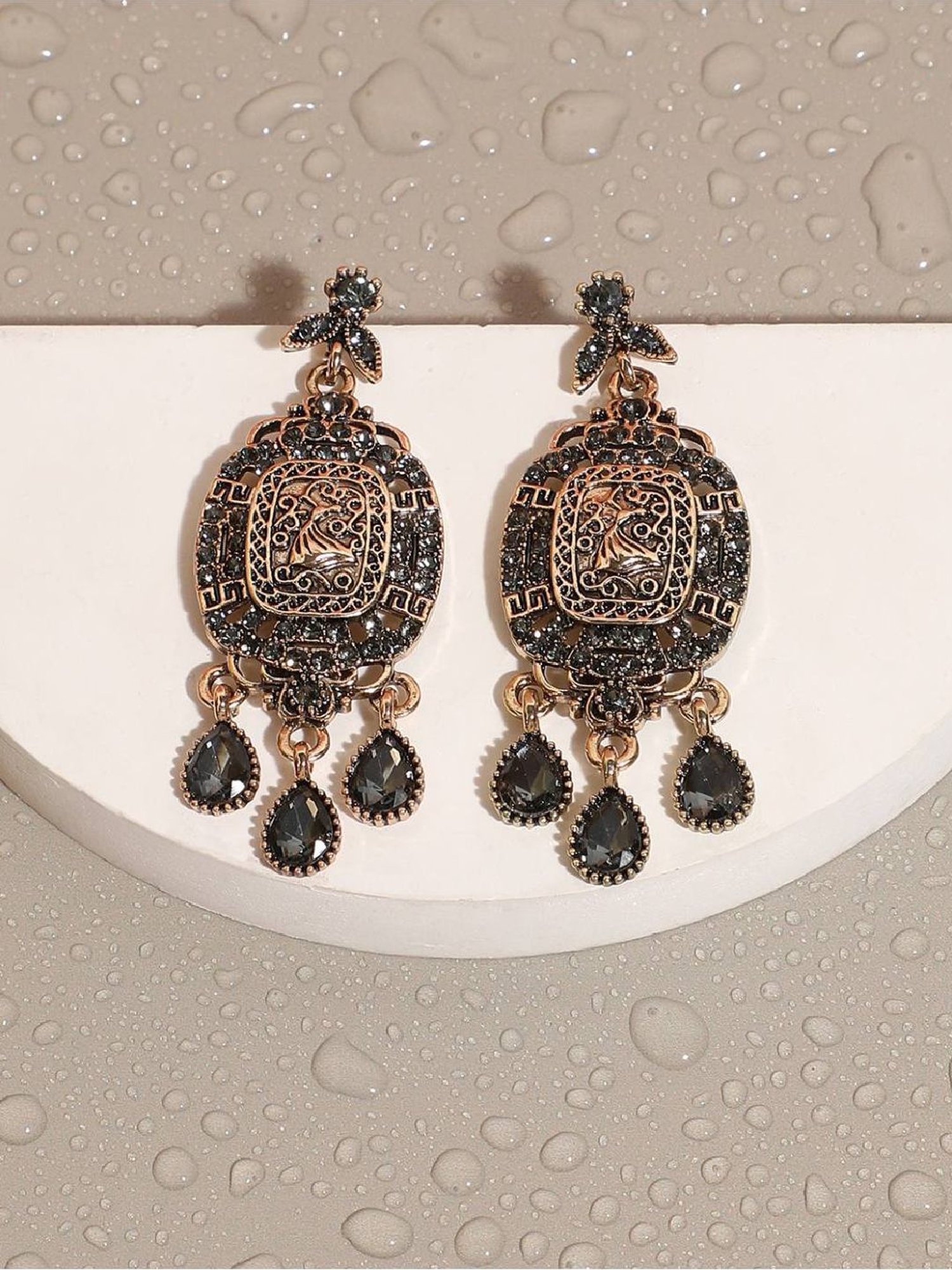 Sohi Women's Antique Intricate Crystal Drop Earrings  Gold