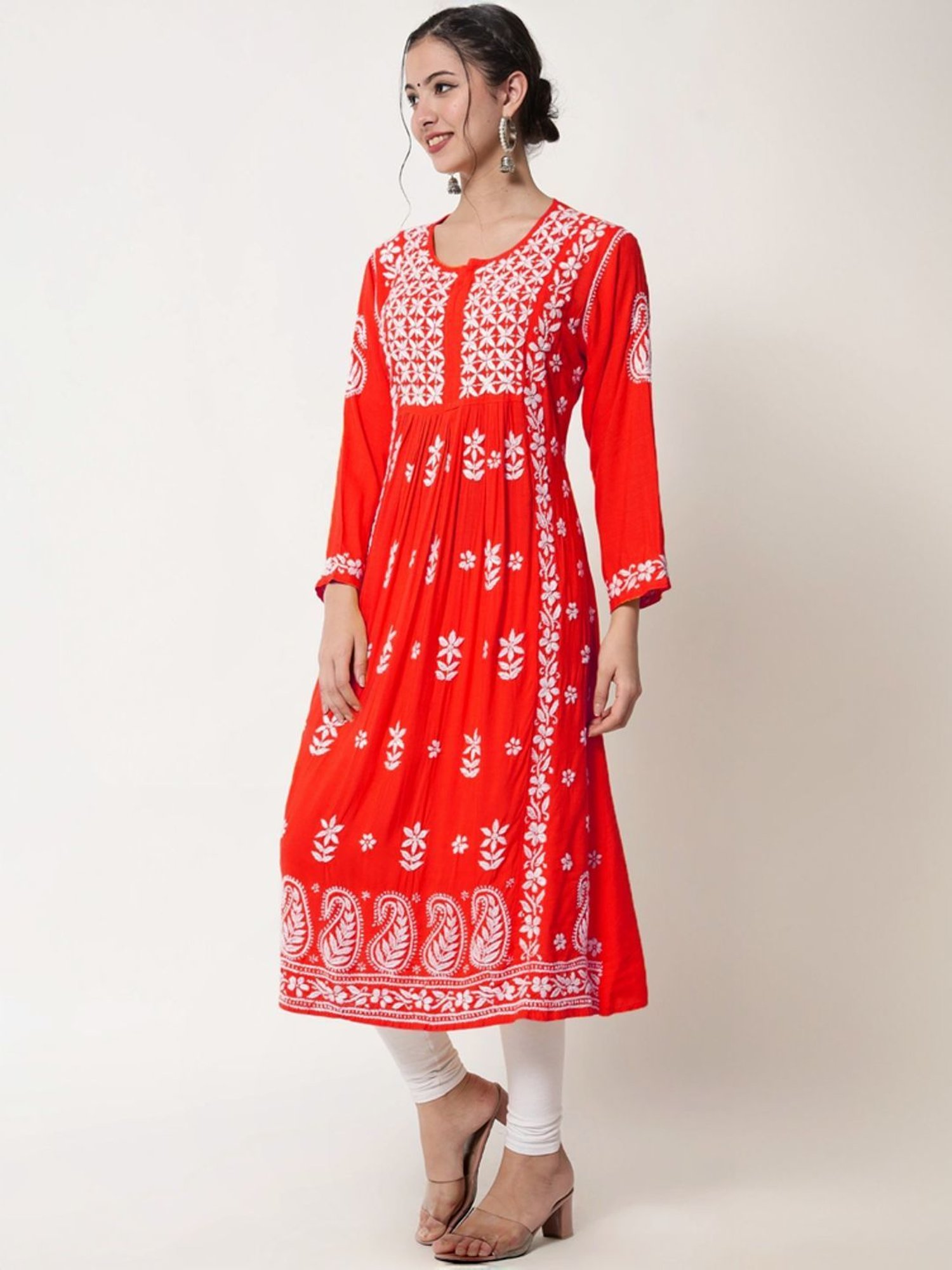 PARAMOUNT CHIKAN Red Hand Embroidered Chikankari A Line Kurta