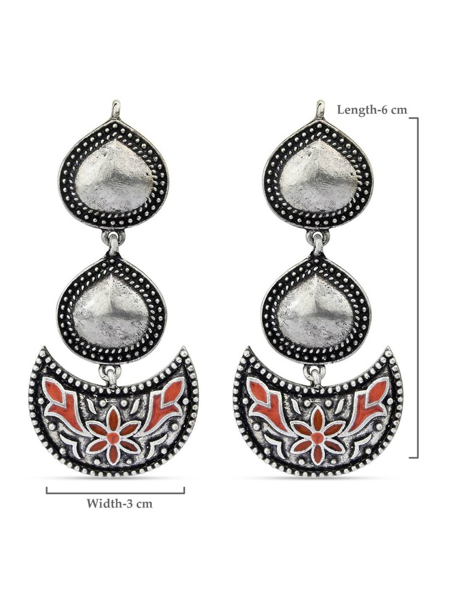Fida Tear Crescent Floral Enamel Orange Dangler Earrings