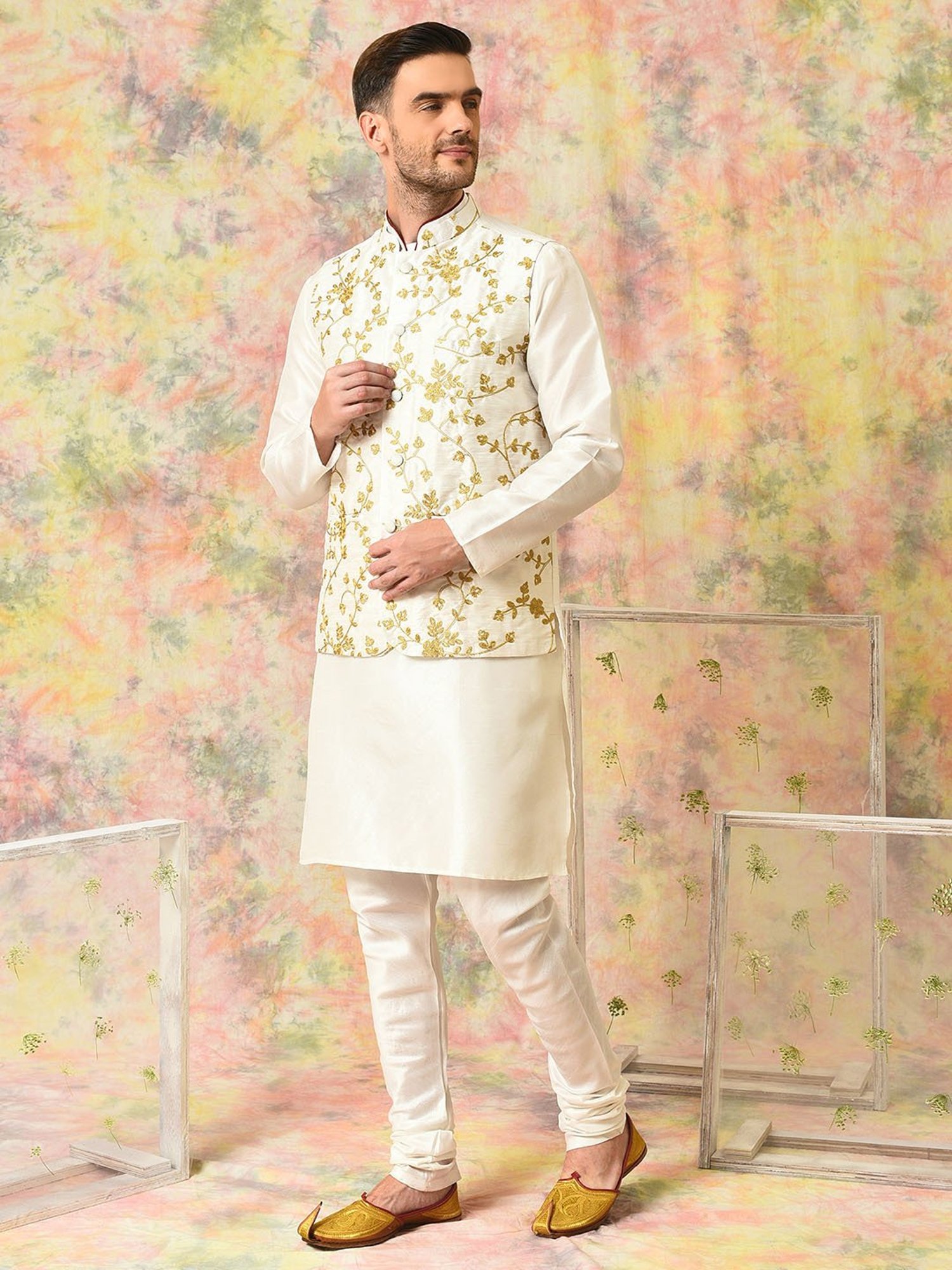 Hangup White Regular Fit Embroidery Kurta & Churidar With Nehru Jacket