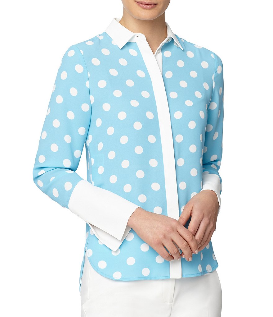Anne Klein Point Collar Neck Long Sleeve Dot Print Button Down Blouse