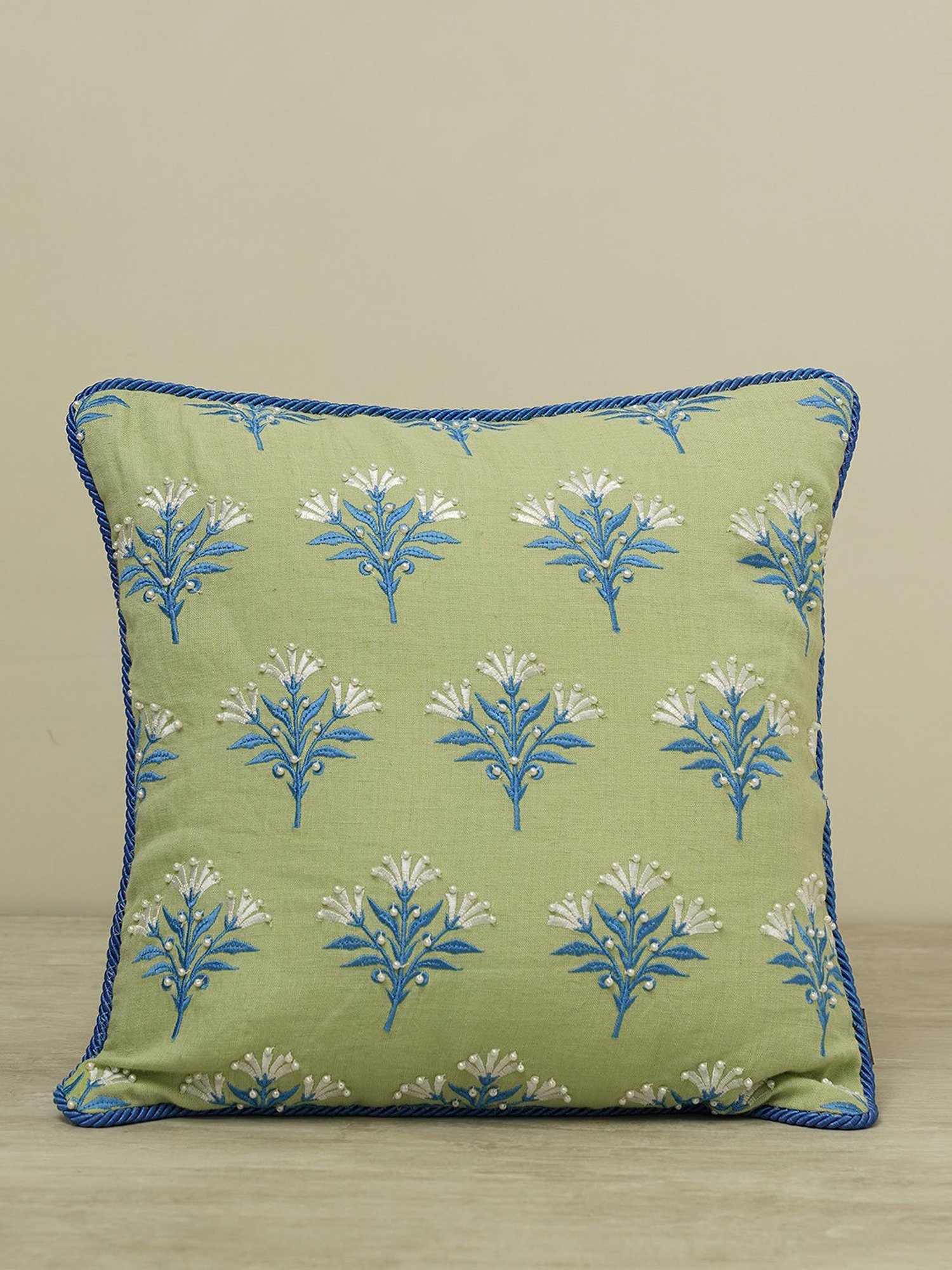 Pure Home and Living Green Linen Embroidery Cushion Covers