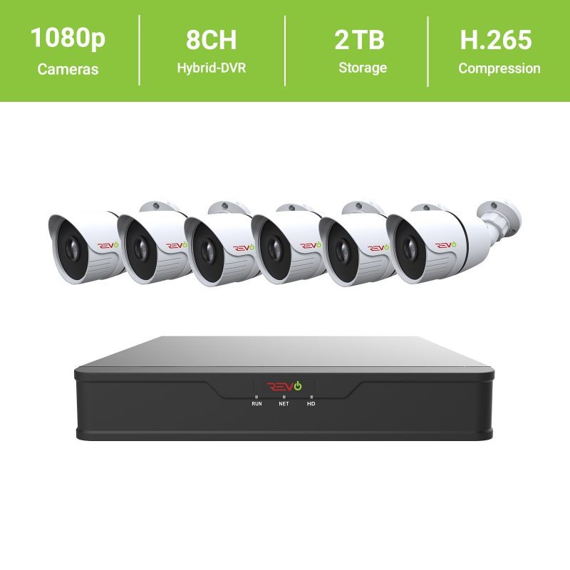 REVO America Hybrid 8Ch. 2TB HDD DVR Video Security System, 6 x 1080p Indoor/Outdoor IR Bullet Cameras - Remote Access via Smart Phone, Tablet, PC & MAC