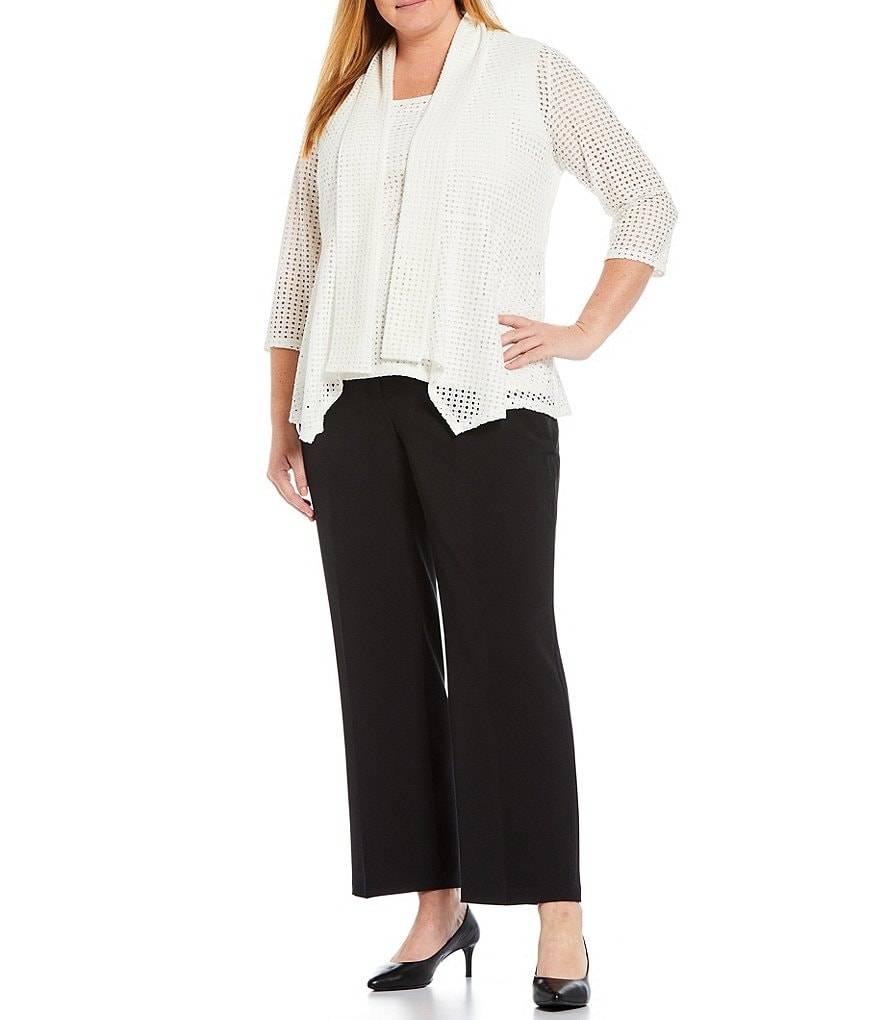 Kasper Plus Size Stretch Eyelet Knit 3/4 Sleeve Flyaway Cardigan