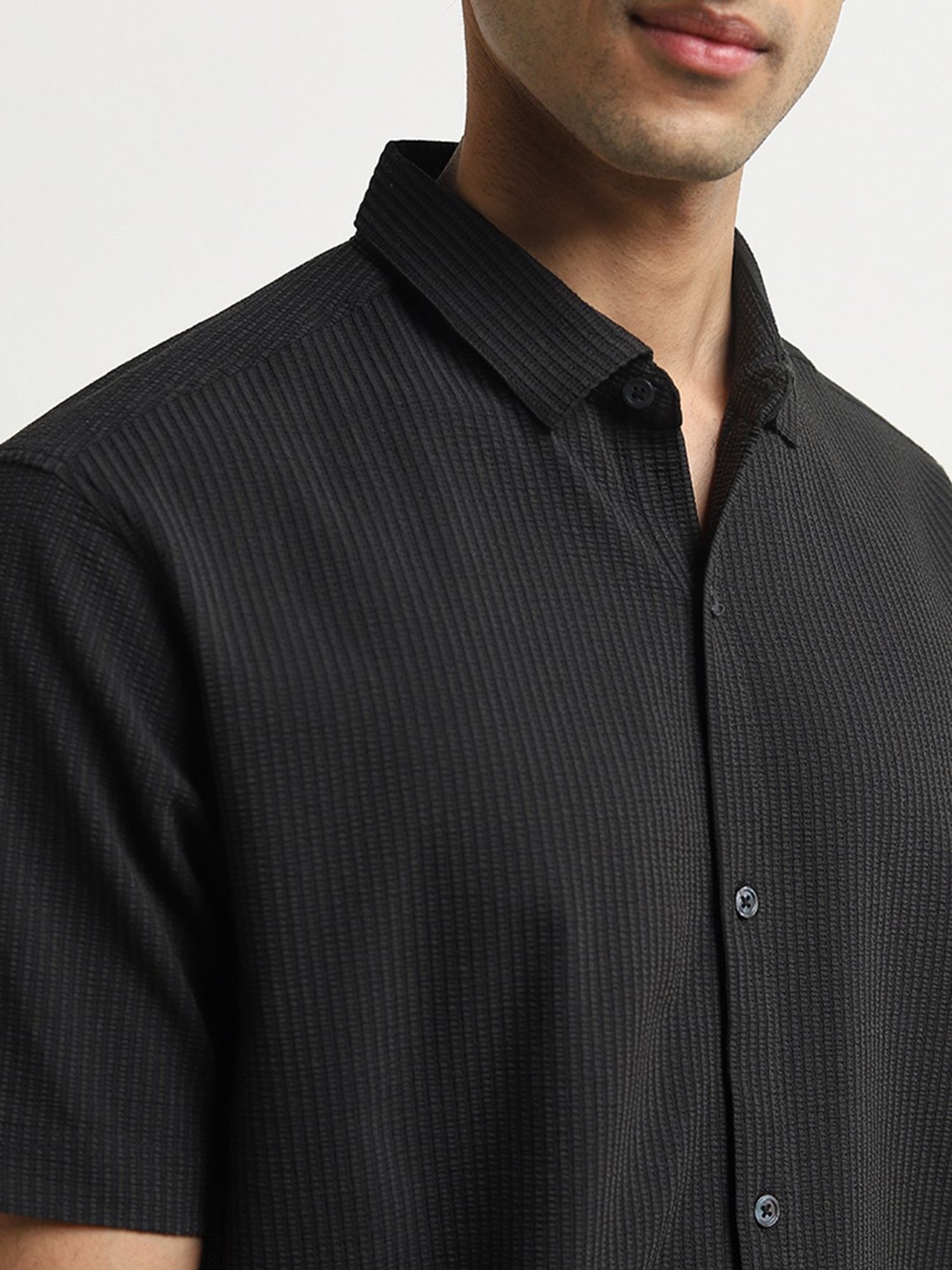 Ascot by Westside Black Striped Ribbed Relaxed-Fit Shirt