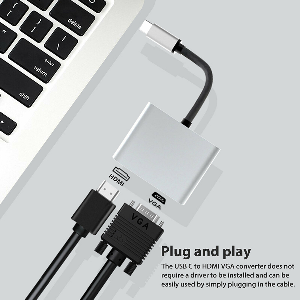 USB C to HDMI VGA Adapter, 2 in 1 Type C to VGA HDMI Converter Adaptor with 4K UHD, 1080P VGA, Dual Screen Display Converter Compatible with Mac Book, Chromebook, HUAWEI, 2019 iPad Pro and more
