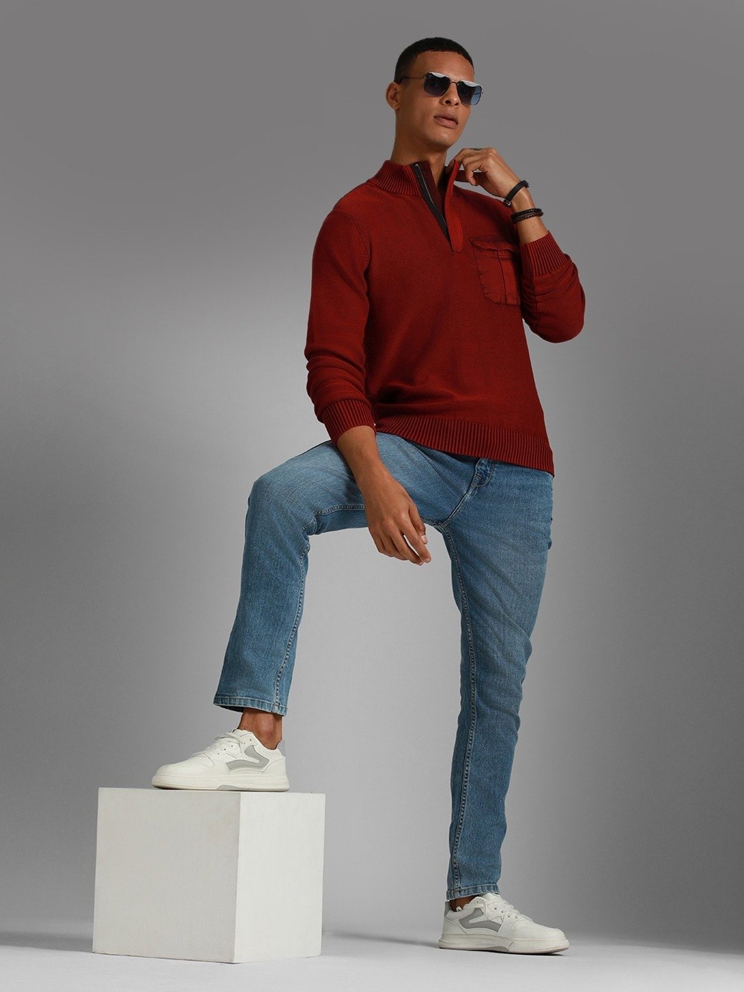 High Star Red Cotton Regular Fit Self Pattern Sweater