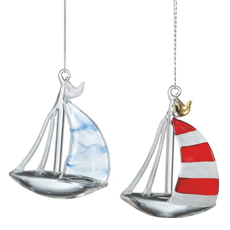 Ganz 3.25" Seaside Escape Glittered Red and White Striped Nautical Sailboat Glass Christmas Ornament