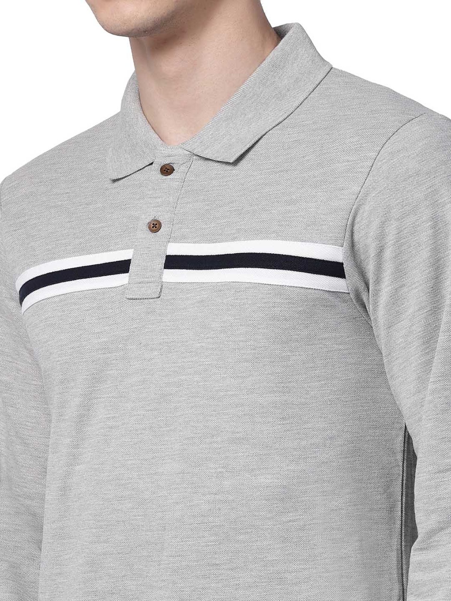 Kalt Light Grey Regular Fit Striped Polo T-Shirt