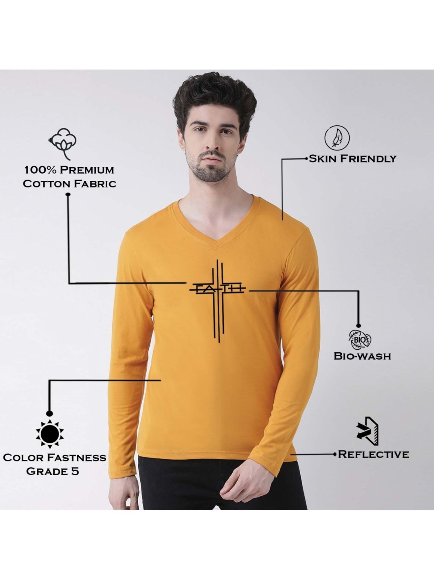 Friskers Mustard Cotton Slim Fit Printed T-Shirt