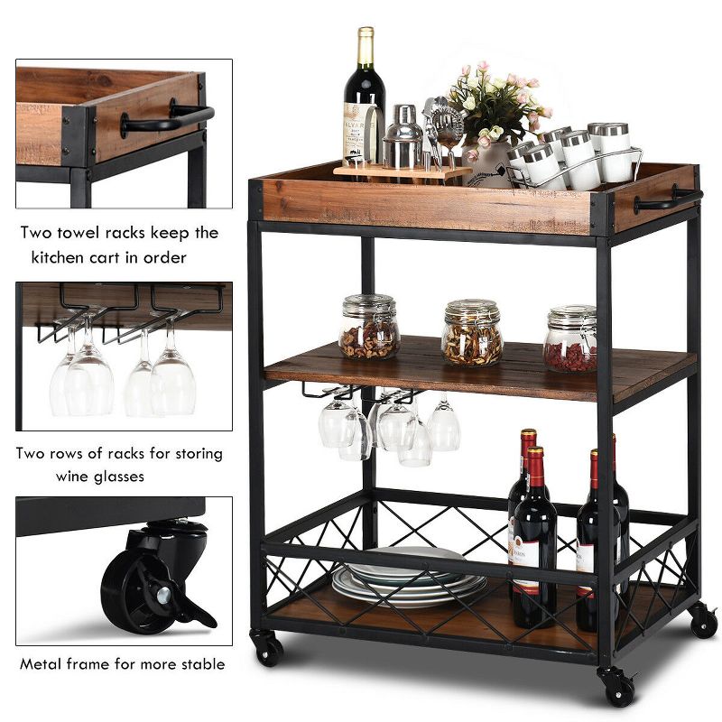 Costway 3 Tier Rolling Kitchen Trolley Island Cart Serving Dining Storage Shelf Utility Black Iron
