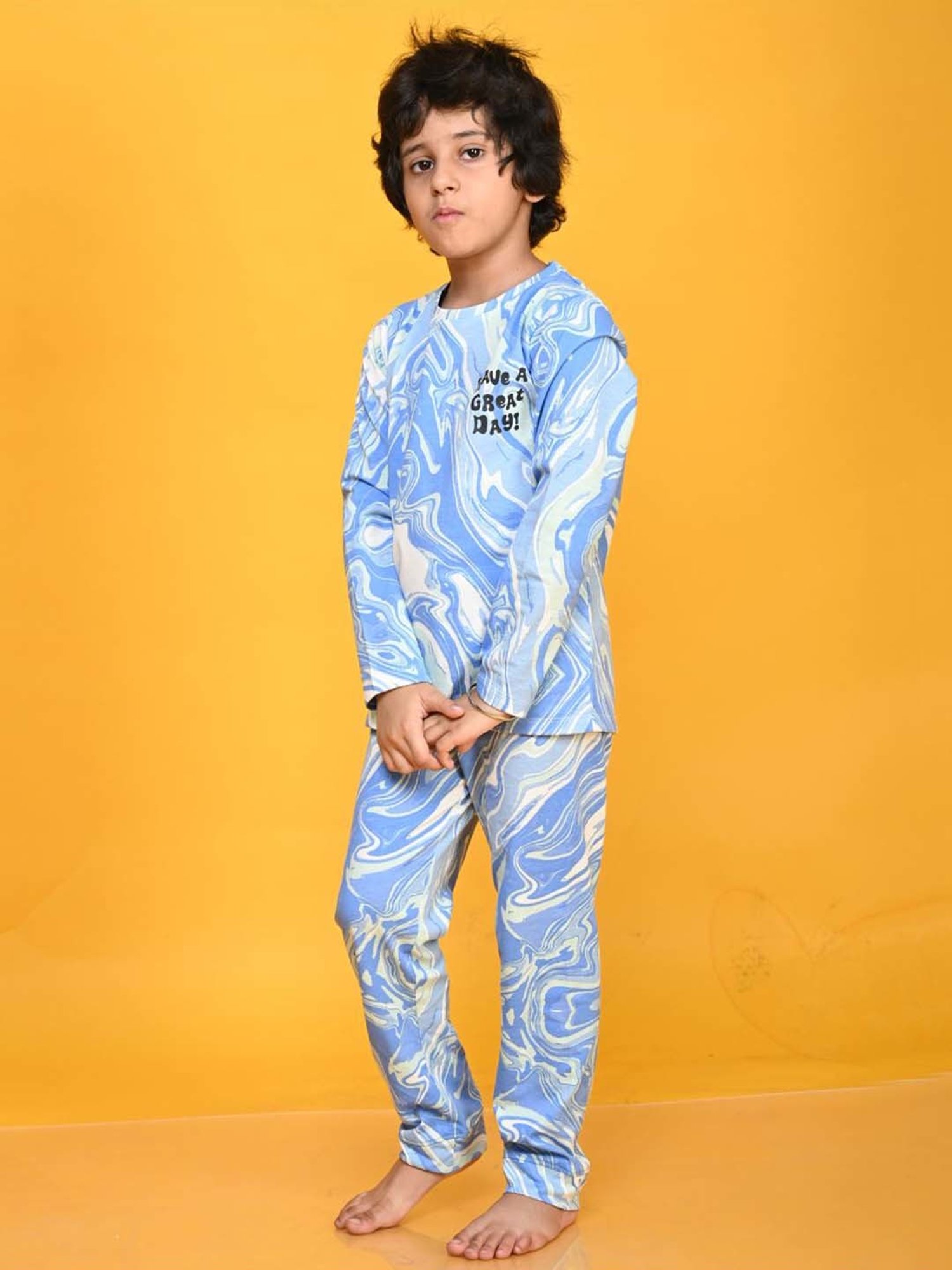 Anthrilo Kids Blue Cotton Printed Full Sleeves T-Shirt & Trouser