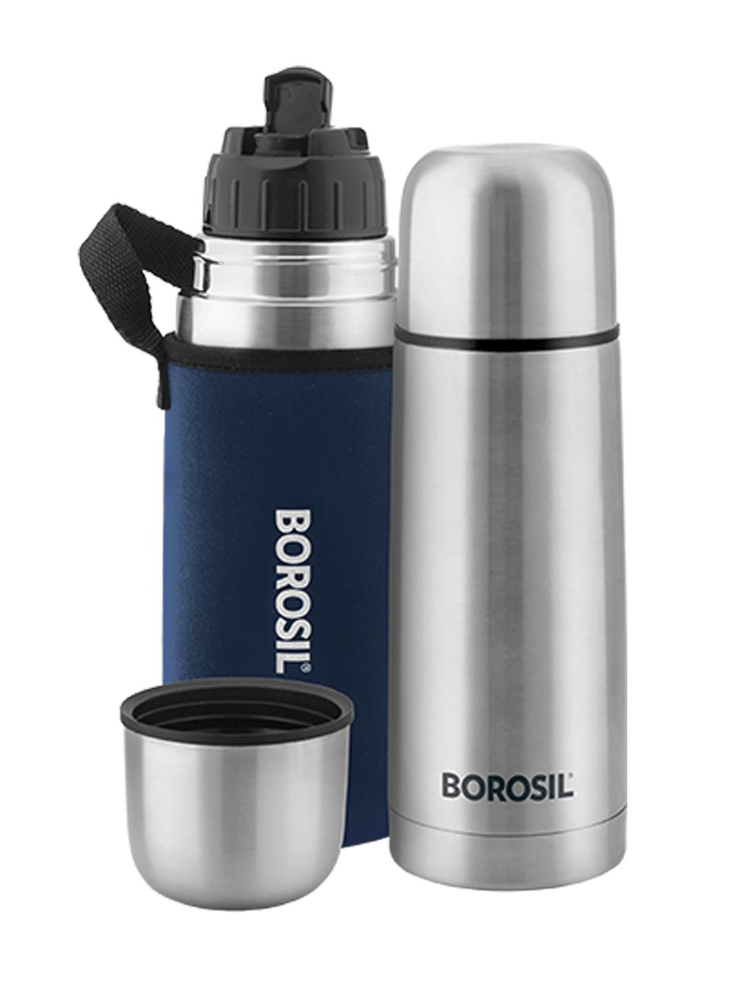 Borosil Silver Thermo Flip Type Stainless Steel Flask - 350 ml