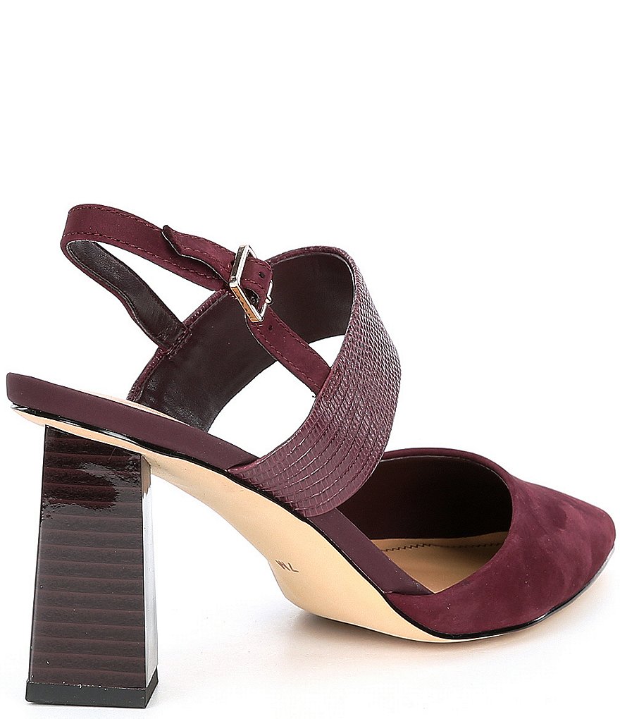 Gibson & Latimer Margo Croco Embossed Leather Suede Pointed Toe Block Heel Pumps