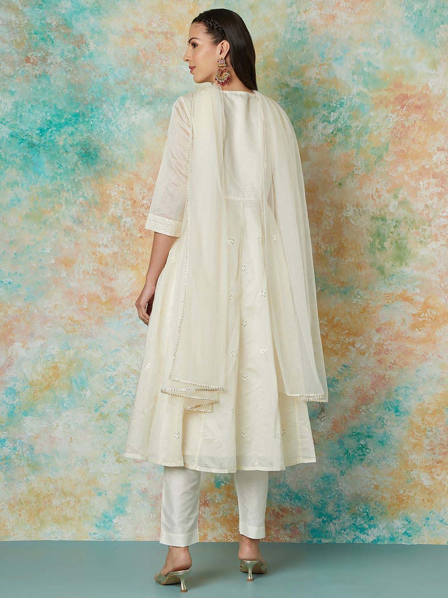 Melange by Lifestyle Off White Embroidered Kurta & Pant Set With Dupatta