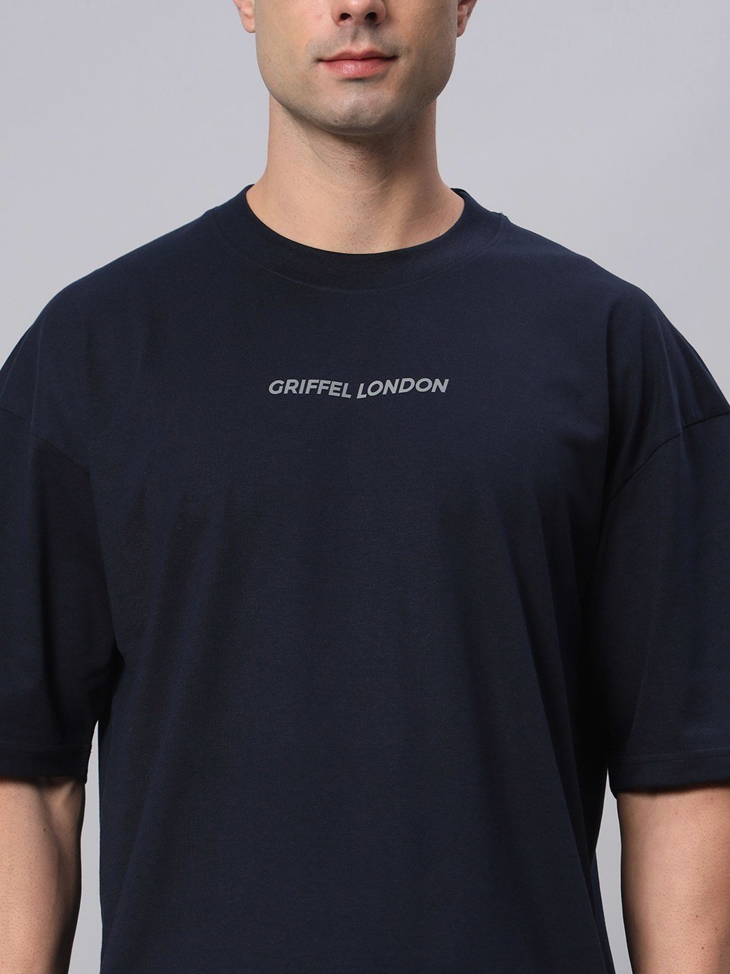Griffel Navy Blue Cotton Loose Fit Printed T-Shirt