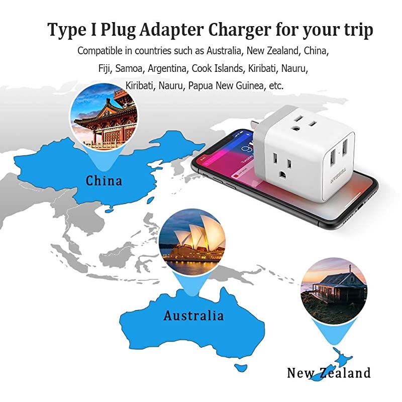 Australia China Power Plug Adapter,  5 in 1 New Zealand Travel Power Adapter with 3 US Outlets and 2 USB Charging Ports, US to Australia New Zealand Fiji Argentina Plug Adapter (Type I)