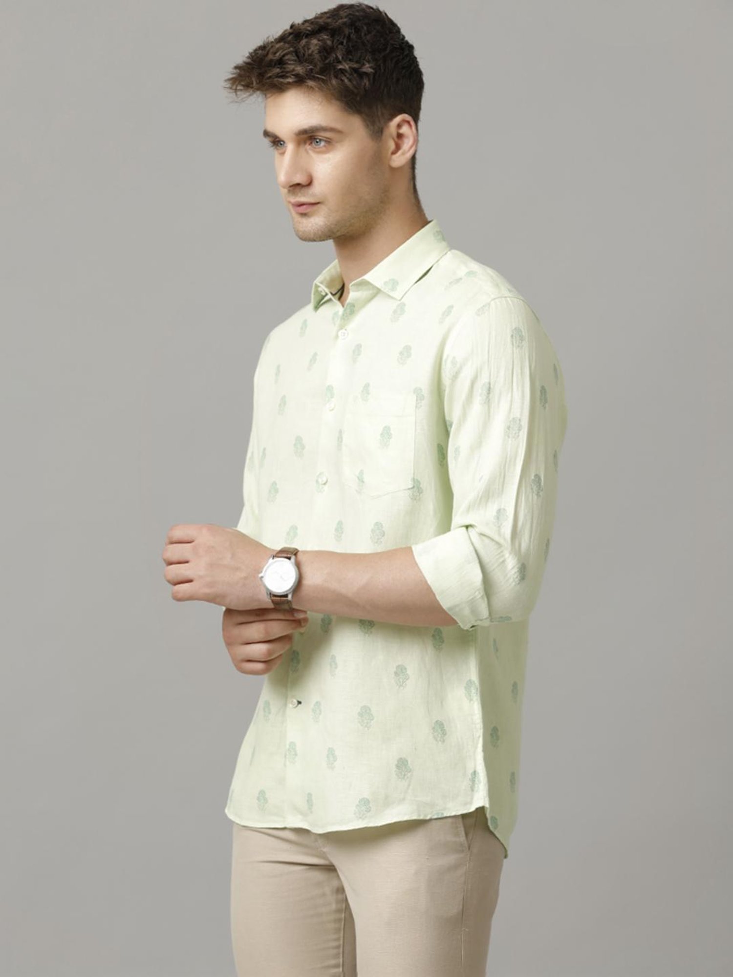 Linen Club Green Linen Contemporary Fit Printed Shirt