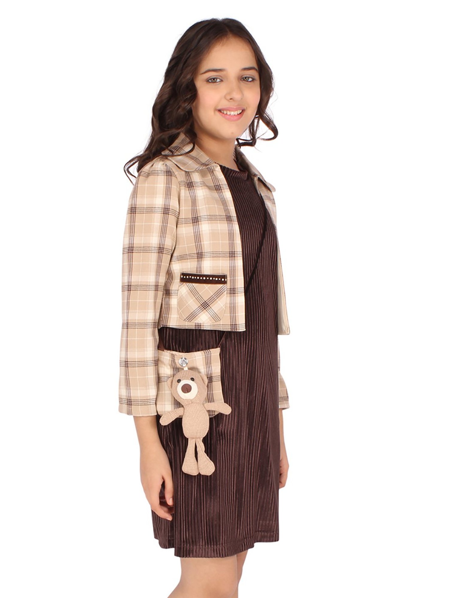 Cutecumber Kids Brown Checks Shift Dress, Shrug with Sling Bag