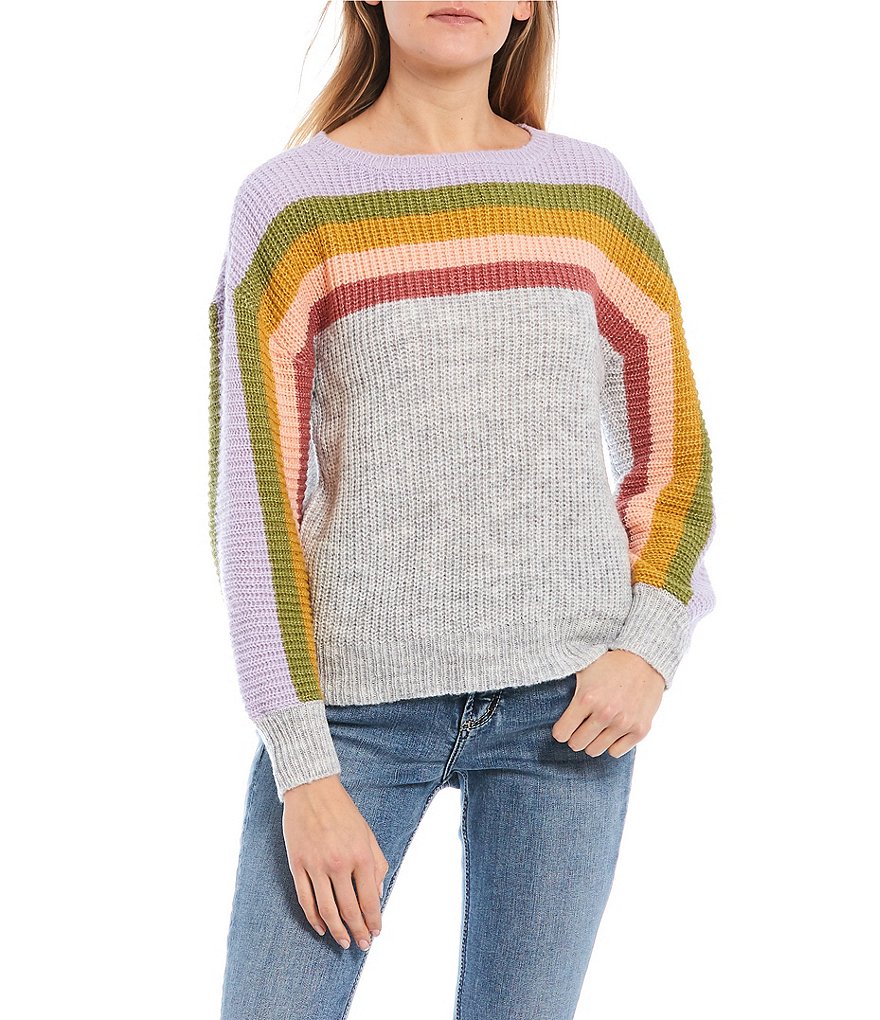 Coco + Jaimeson Balloon Sleeve Pastel Multi-Stripe Sweater Top