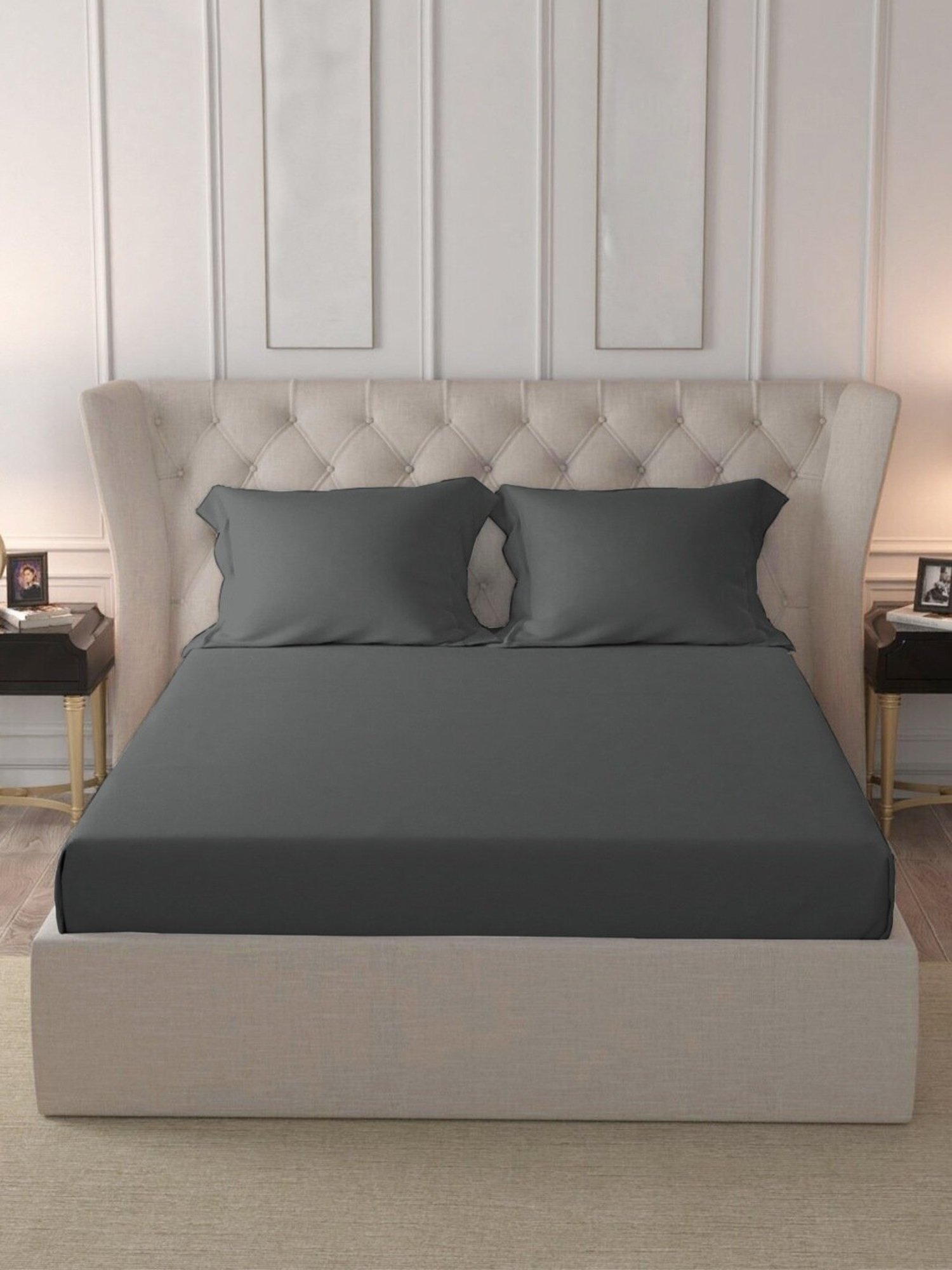 Pizuna Dark Grey 400 TC Cotton King Fitted Bed Sheet with 2 Pillow Covers