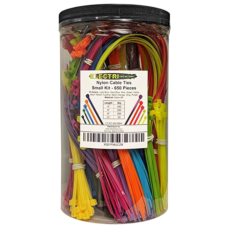 Nylon Cable Tie Kit 650 Zip Ties Multi Color Blue Red Green Yellow Fuchsia Orange Gray Purple Assorted Lengths 4 6 8 11