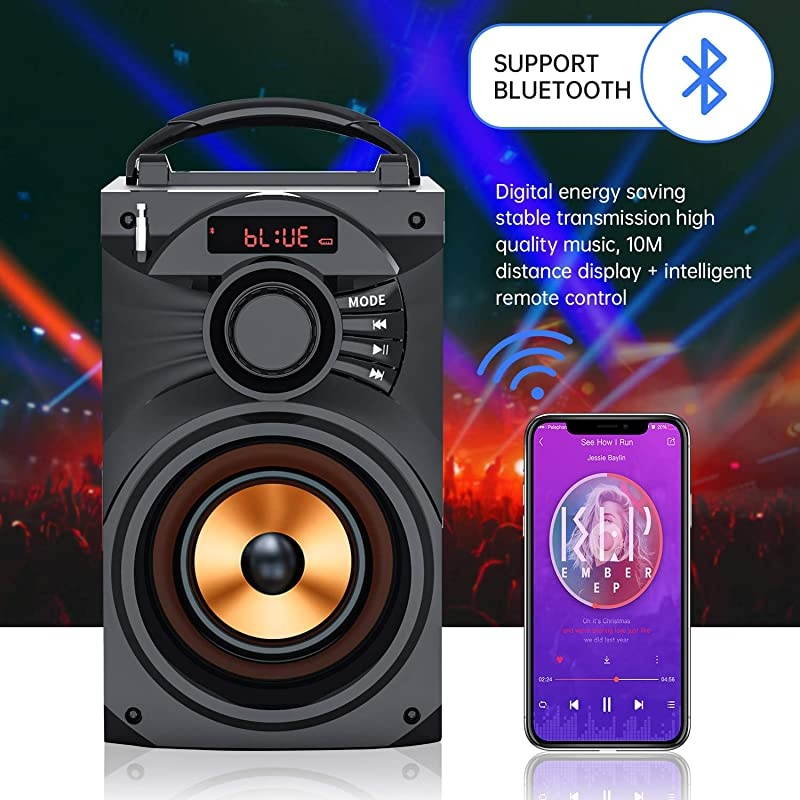 Portable Bluetooth Speakers Subwoofer Heavy Bass Wireless OutdoorIndoor Party Speaker Line in Speakers Support Remote Control FM Radio TF Card LCD Display for Home Party Phone Black