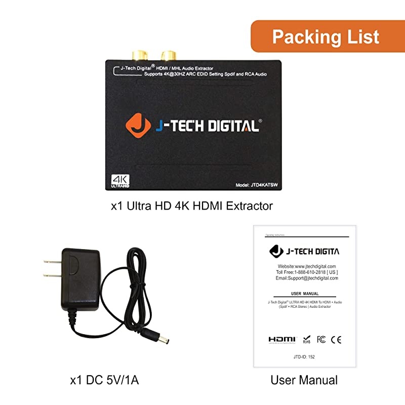 HDMI 1.4 Audio Extractor De-Embedder 4K@30Hz Optical SPDIF Toslink RCA [JTD4KATSW]