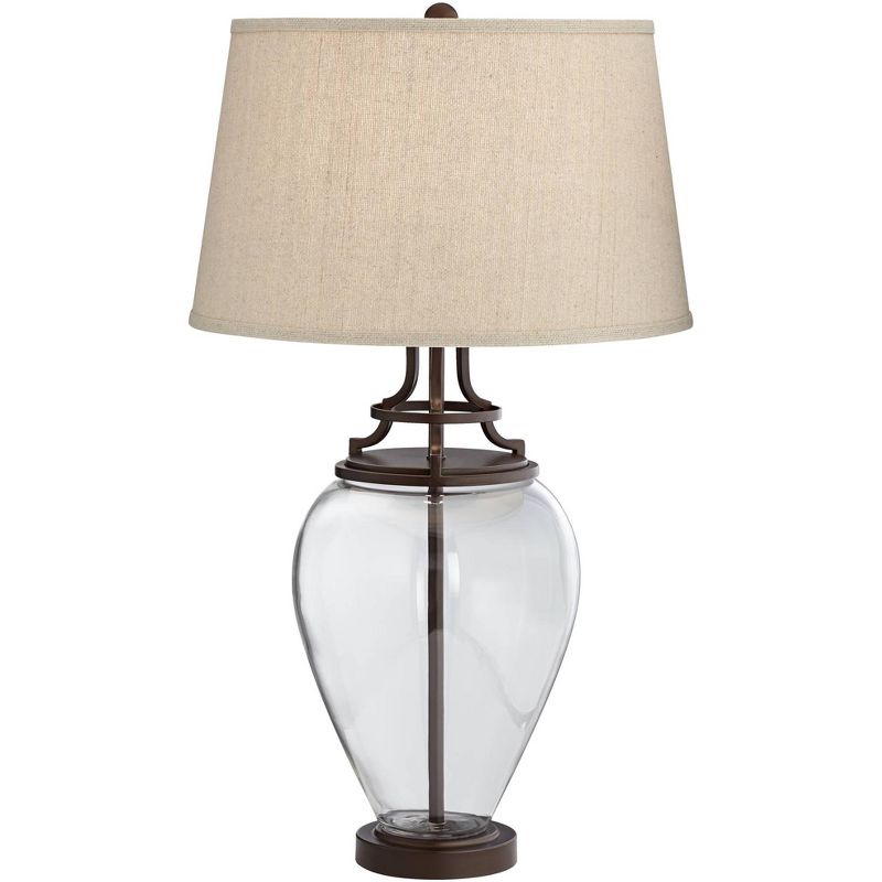 Possini Euro Design Industrial Table Lamp Oil Rubbed Bronze Clear Glass Burlap Tapered Drum Shade for Living Room Bedroom Bedside