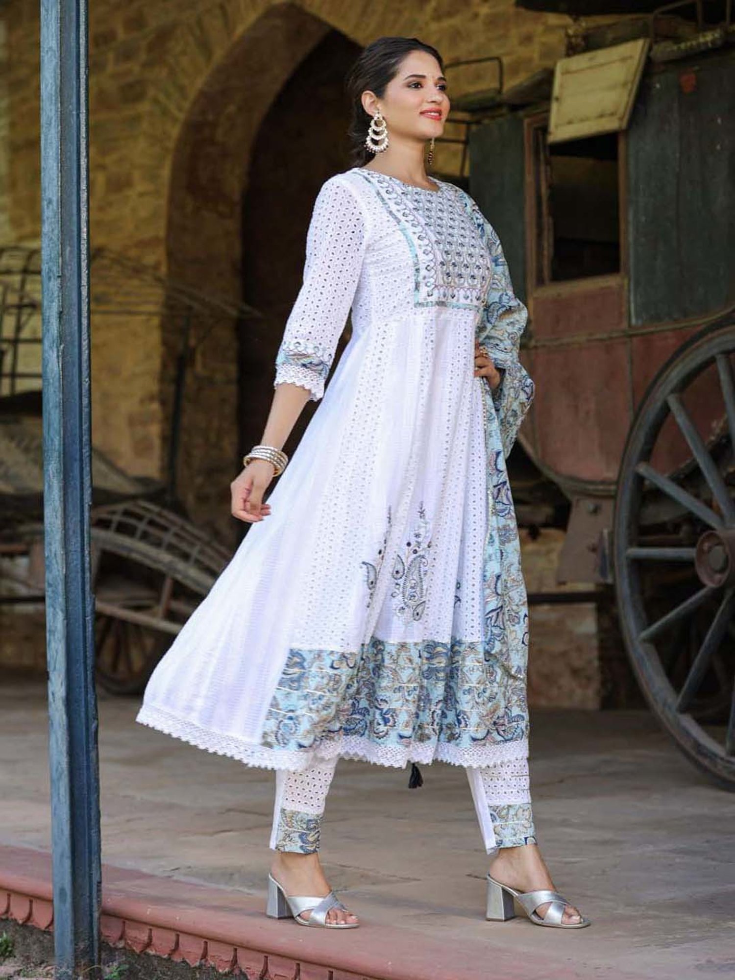 SCAKHI Pearl White Cotton Embroidered Kurta Pant Set With Dupatta