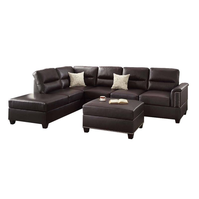 3pc Bonded Leather Upholstered Wooden Sectional Set Brown - Benzara