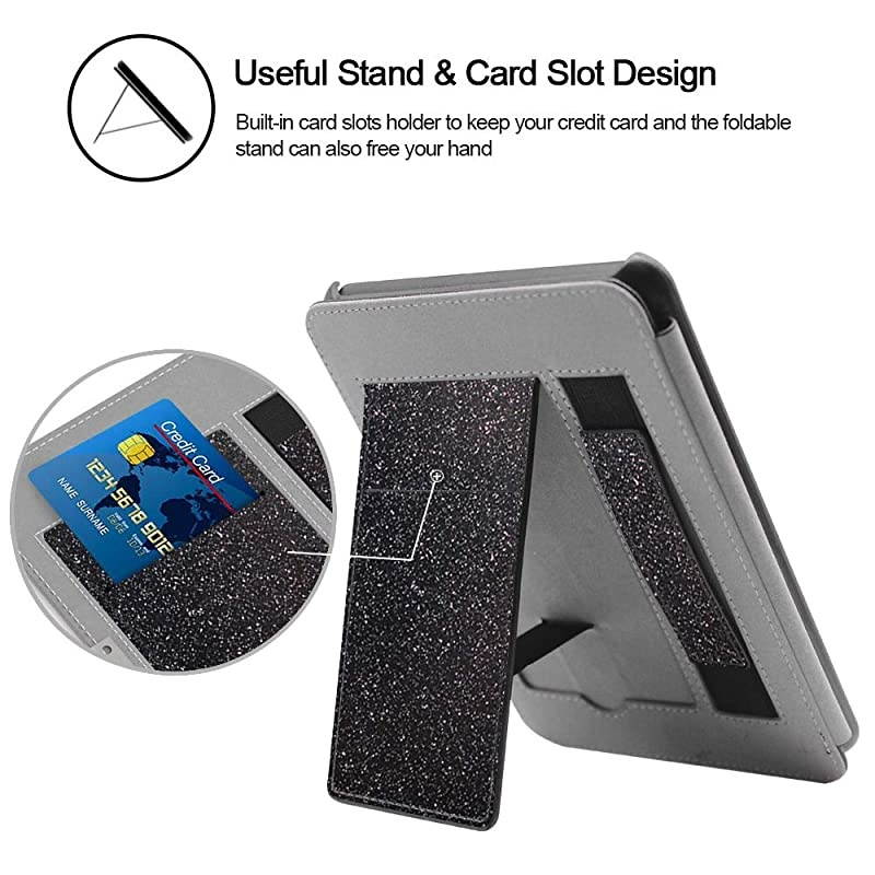 Flip Case for Kindle Paperwhite 2018 EReader 10th Generation Sparkle Cover with Hand Strap Lightweight Premium PU Leather Stand Smart Protective Sleeve with Card Slot Glitter Black