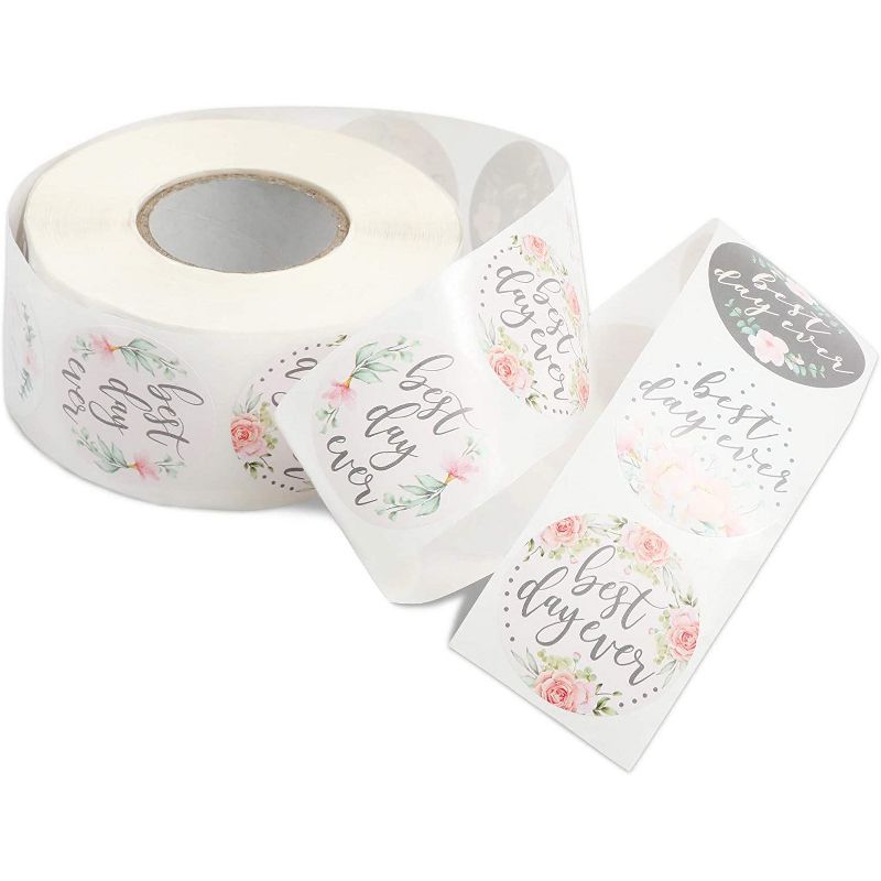 Pipilo Press 1000-Pack Pink Floral Stickers Roll, Best Day Ever, Assorted Color (1.5 Inches)