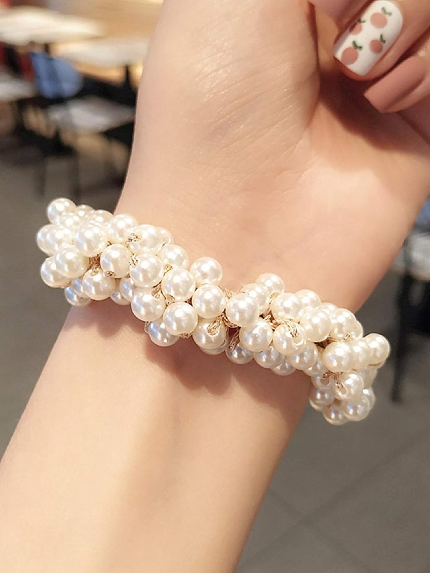 OOMPH Combo of 3 Pearls Gold Pink White Rubber Band Ponytail Holder Stylish Latest