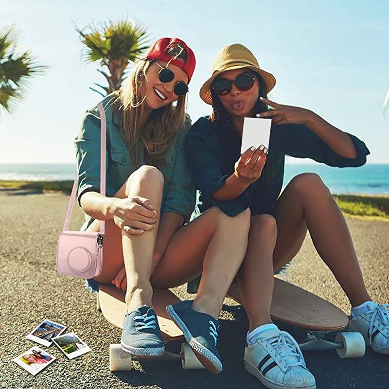 Protective Case Compatible with Polaroid PIC300 Fujifilm Instax Mini 7s Instant Film Camera Premium Vegan Leather Bag Cover with Removable Strap Rose Gold